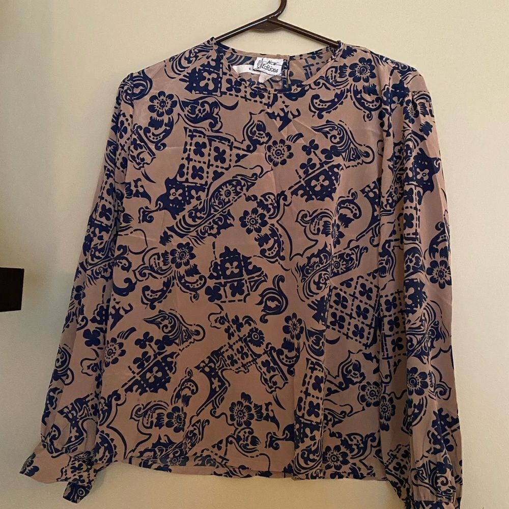 Vintage Tan Long Sleeve Satin Print Top Size Medium